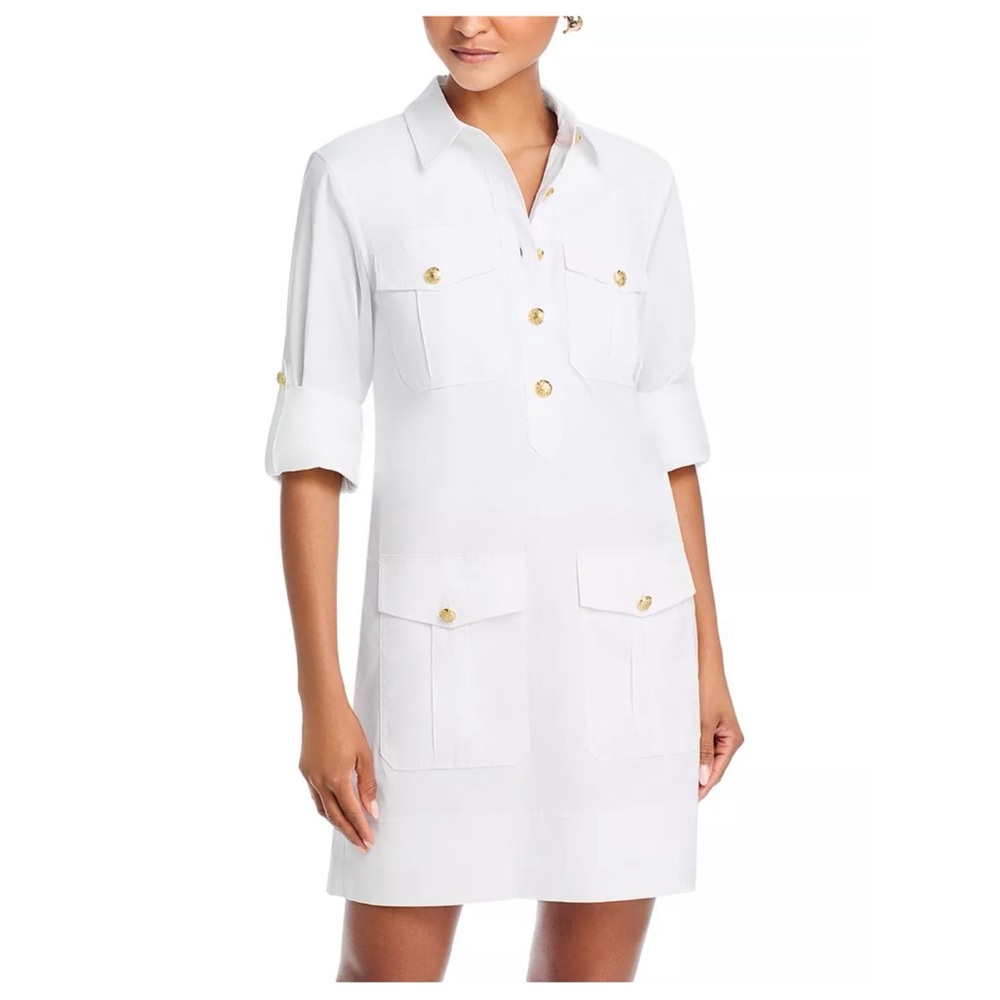 Veronica Beard Saude White Shirt Dress with Gold Buttons